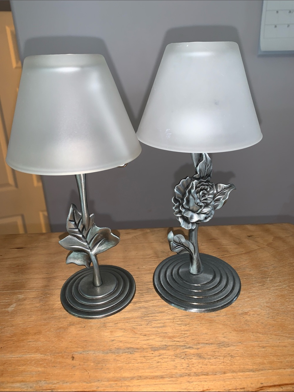 Decorative Pewter Floral Table Candle Holder with Frosted Shades - Pair